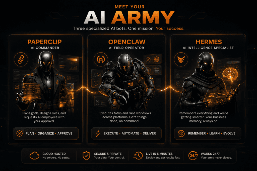 OneManArmy Meet Your AI Army section showing Paperclip AI Commander, OpenClaw AI Field Operator, and Hermes AI Intelligence Specialist working together inside a hosted AI dashboard