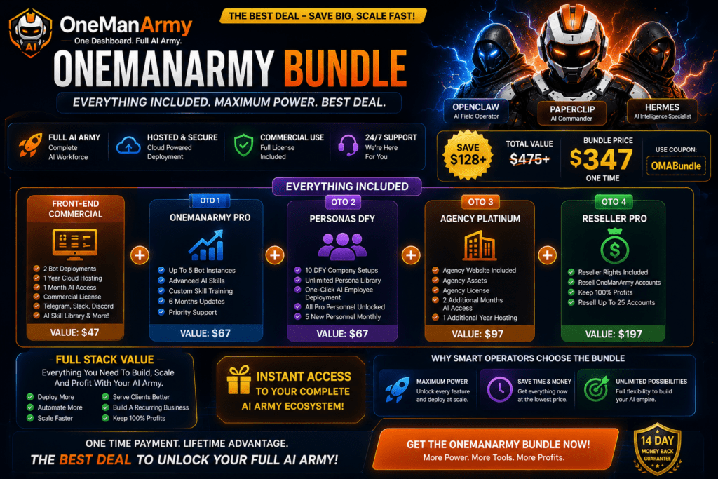 OneManArmy Bundle best deal banner showing FE Commercial, Pro, Personas DFY, Agency Platinum, and Reseller Pro with Paperclip, OpenClaw, and Hermes AI systems inside a futuristic AI dashboard