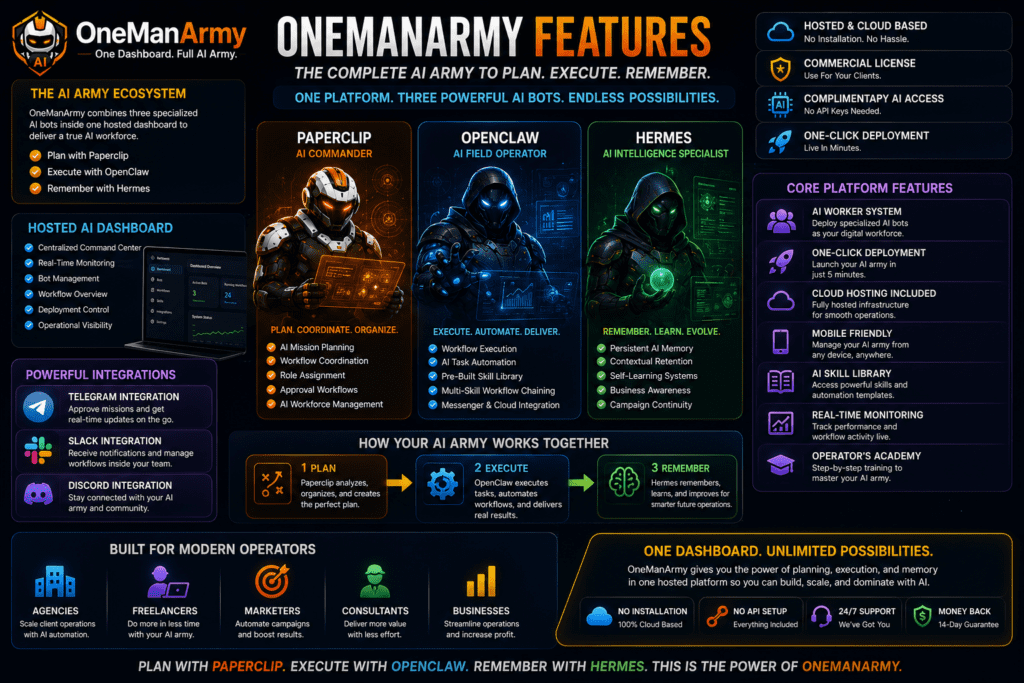 OneManArmy features page banner showing Paperclip AI Commander, OpenClaw AI Field Operator, Hermes AI Intelligence Specialist, hosted AI dashboard, Telegram integration, Slack integration, Discord support, and cloud-hosted AI automation workflows
