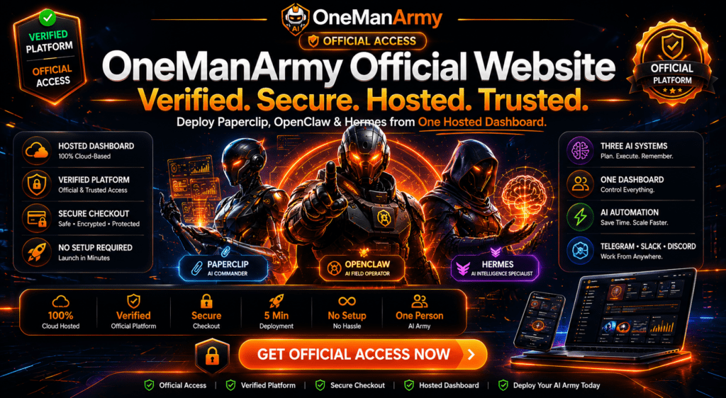 OneManArmy Official Website banner showing verified hosted AI dashboard with Paperclip, OpenClaw, and Hermes AI systems alongside secure checkout and official access features